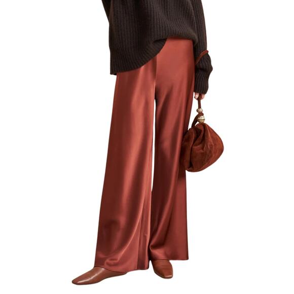 La Ligne Pants - La Ligne Pants Womens Large Spice Colby Satin Wide Leg Pull On Quiet Luxury